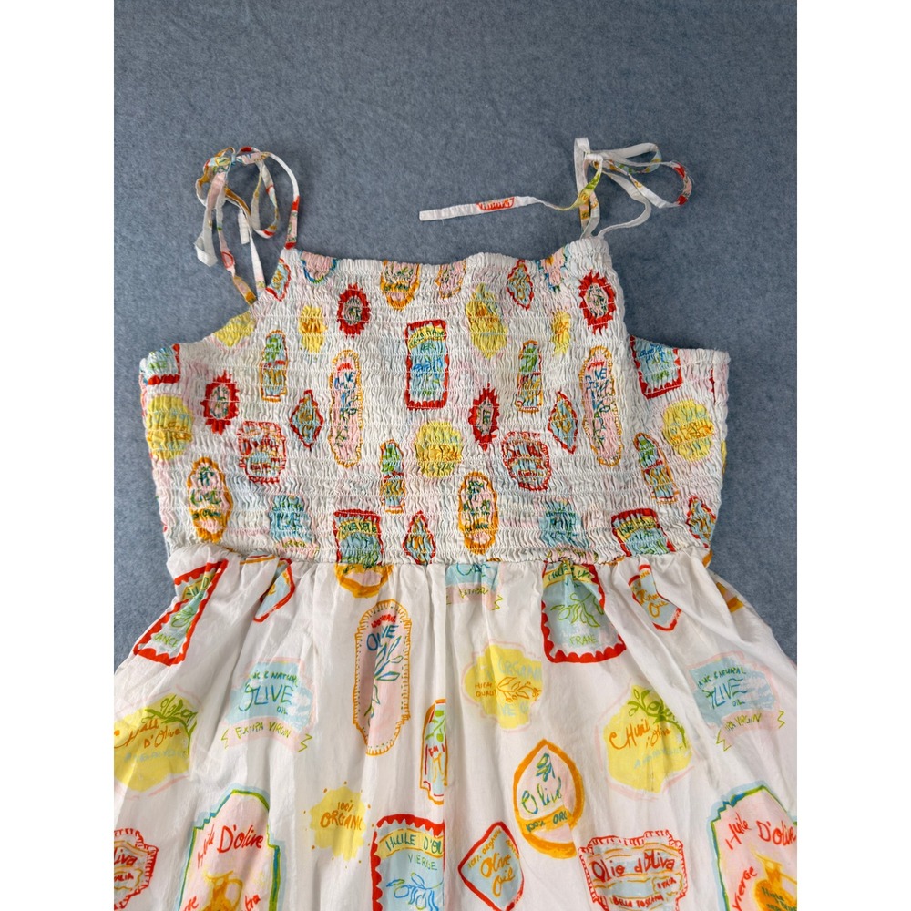 Cynthia Rowley Olive Oil Label Print Smocked Midi Dress White Large Tie Strap - Picture 4 of 11